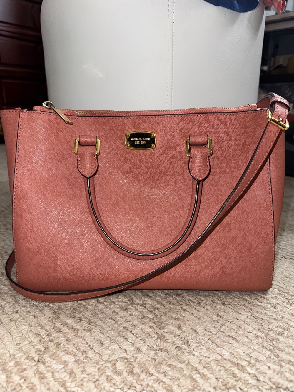 Michael Kors Coral Saffiano Leather Satchel with Gold Hardware